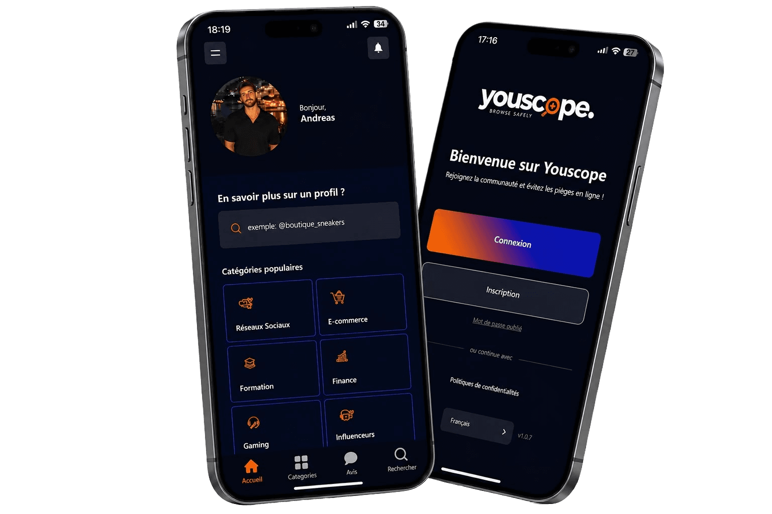Aperçu de l'application Youscope : recherche d'un profil et consultation des avis